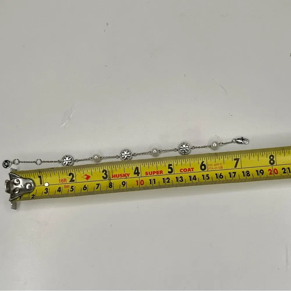 Tory Burch Crystal Logo & Pearl Station Bracelet Silver-Tone 7” Jewelry - Picture 7 of 9